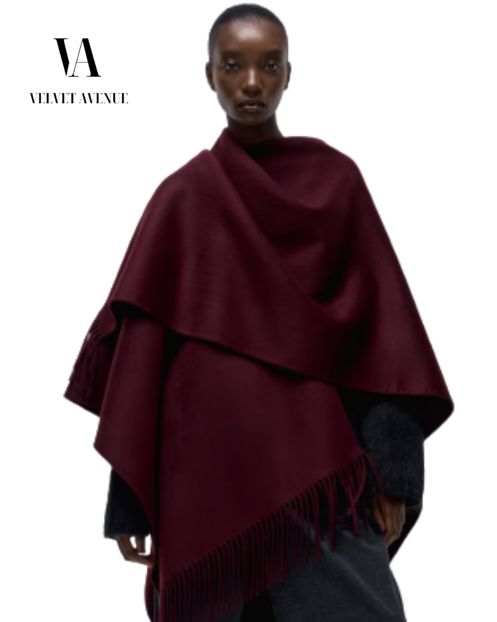 Burgundy Fringe Wrap – Luxury Winter Cape