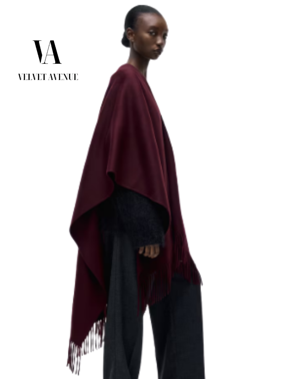 Burgundy Fringe Wrap – Luxury Winter Cape