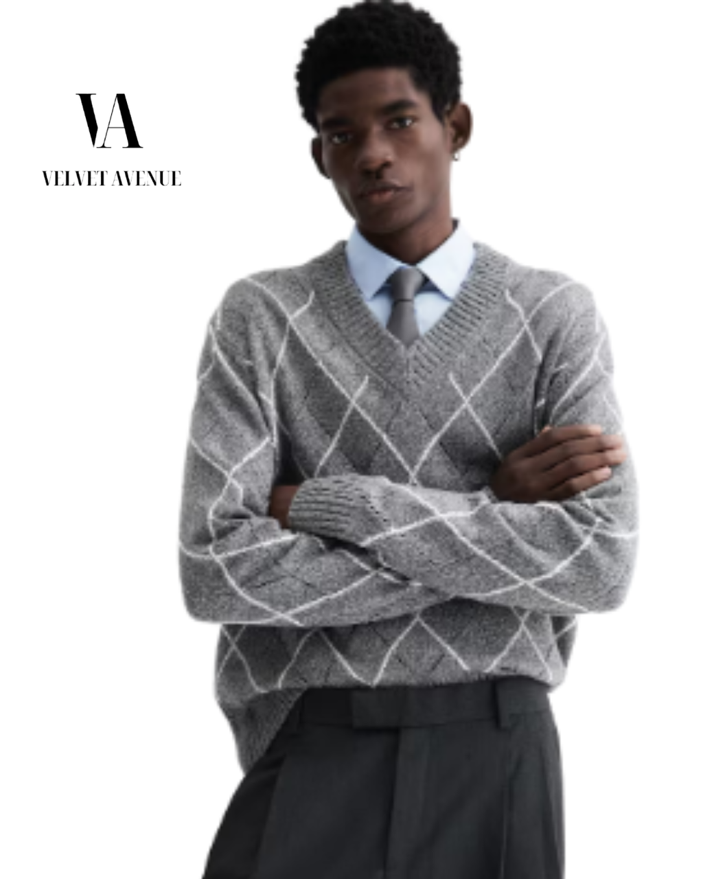 Gray Argyle Knit Sweater